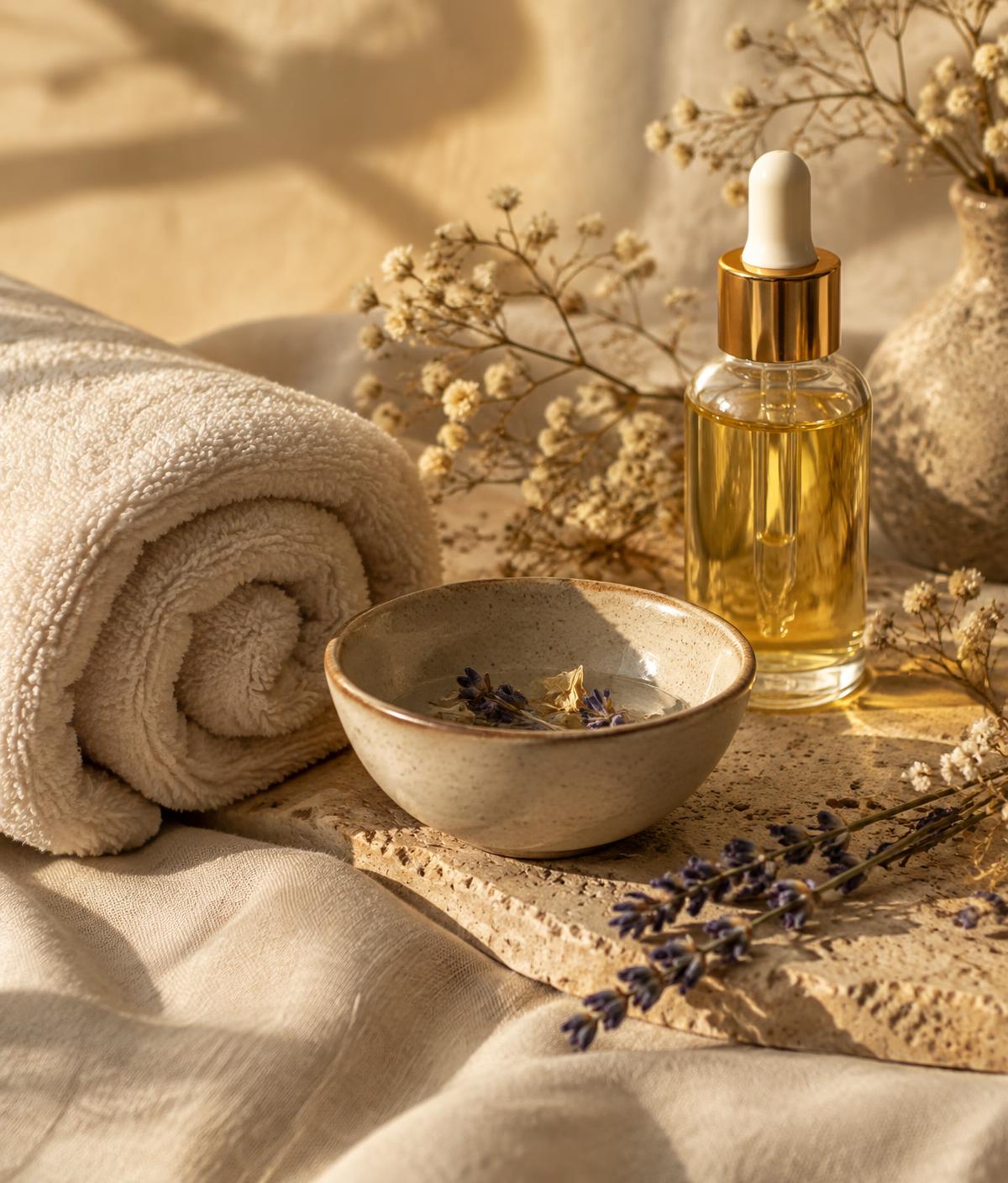 Detalhes de spa: toalha, óleo essencial e flores secas em tons neutros