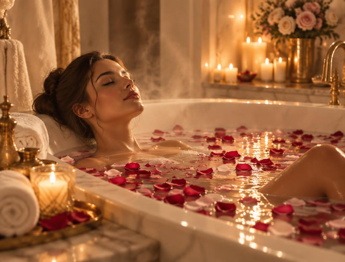 Banho de imersão relaxante com pétalas de rosas e velas acesas