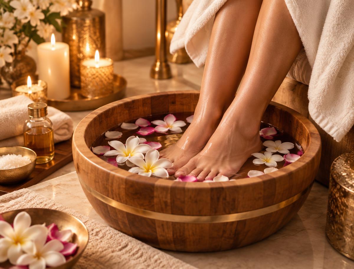 Bacia de escalda pés com flores, água morna e velas