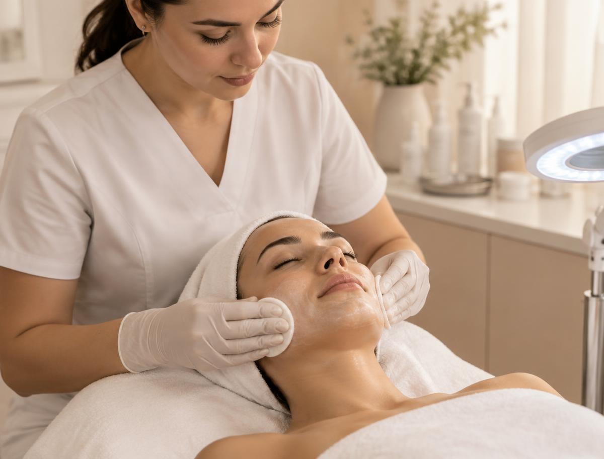 Profissional realizando limpeza de pele em ambiente claro