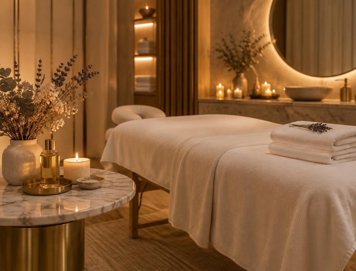 Sala de massagem com maca, toalhas brancas e velas acesas
