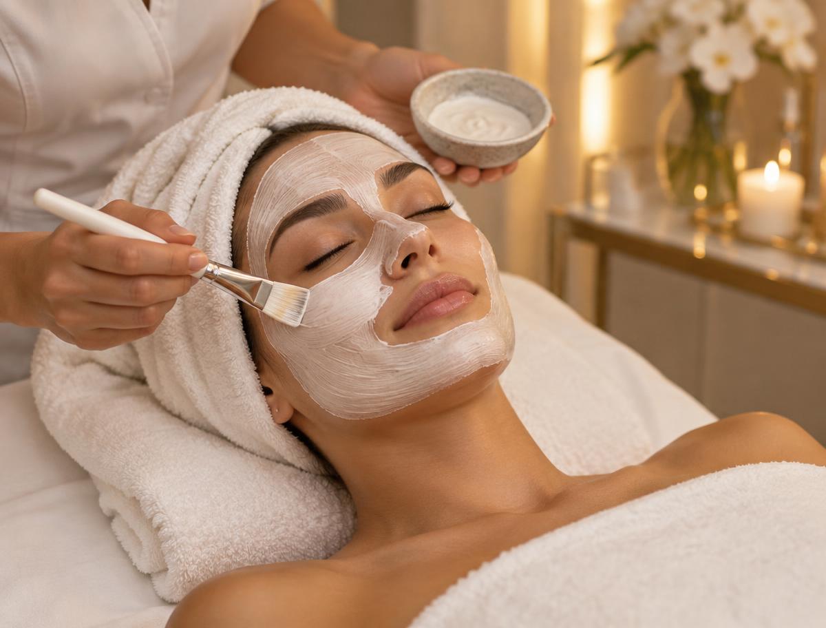 Aplicação de máscara facial com pincel em ambiente de spa
