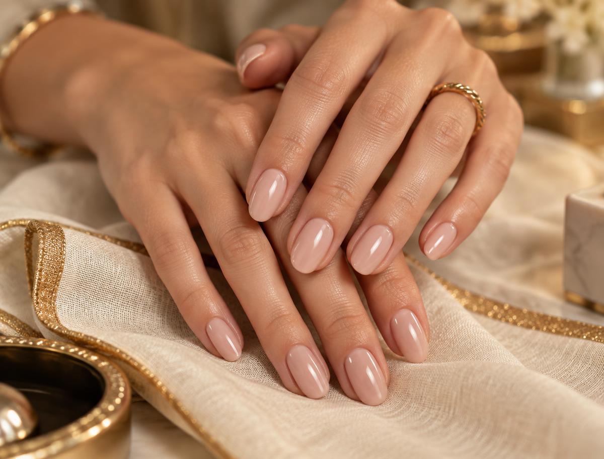 Mãos com esmaltação em gel nude sobre tecido claro